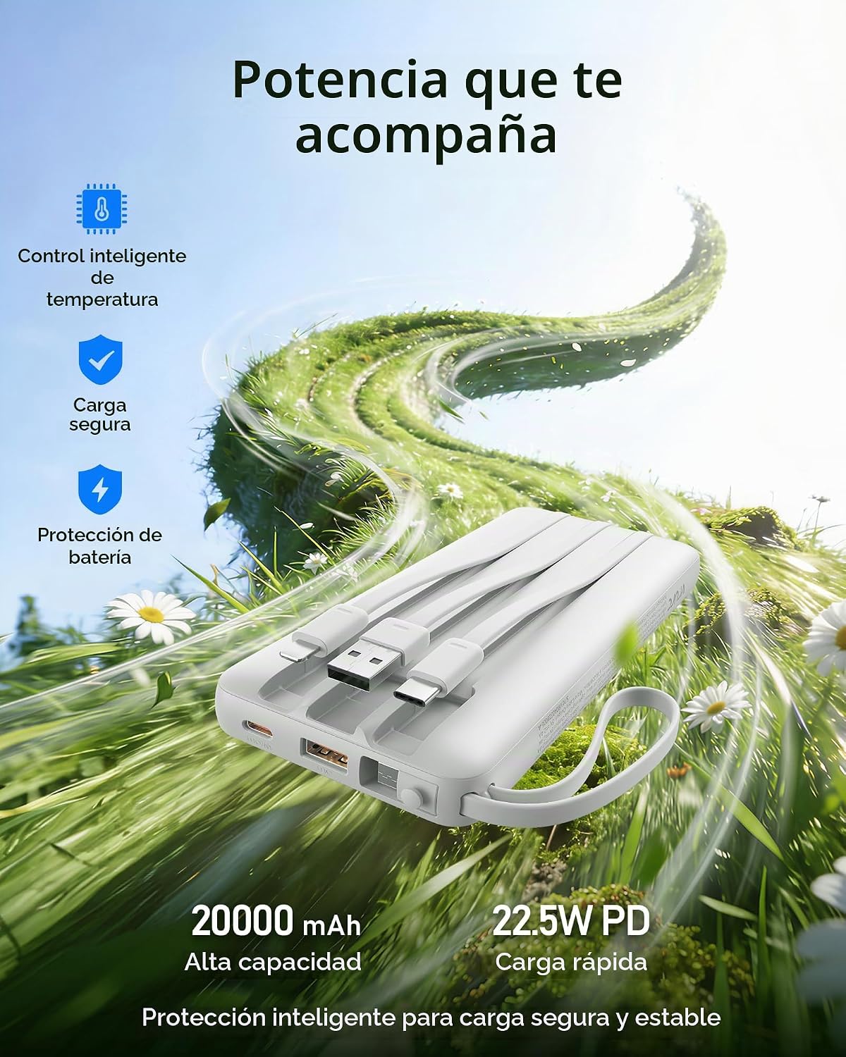 VRURC Cargador portátil 4 cables integrados 20000mAh Banco de energ...