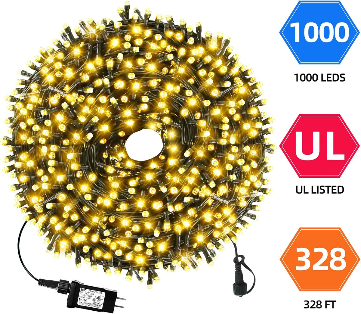 MZD8391 1000 luces LED de Navidad de 328 pies para interiores y ext...