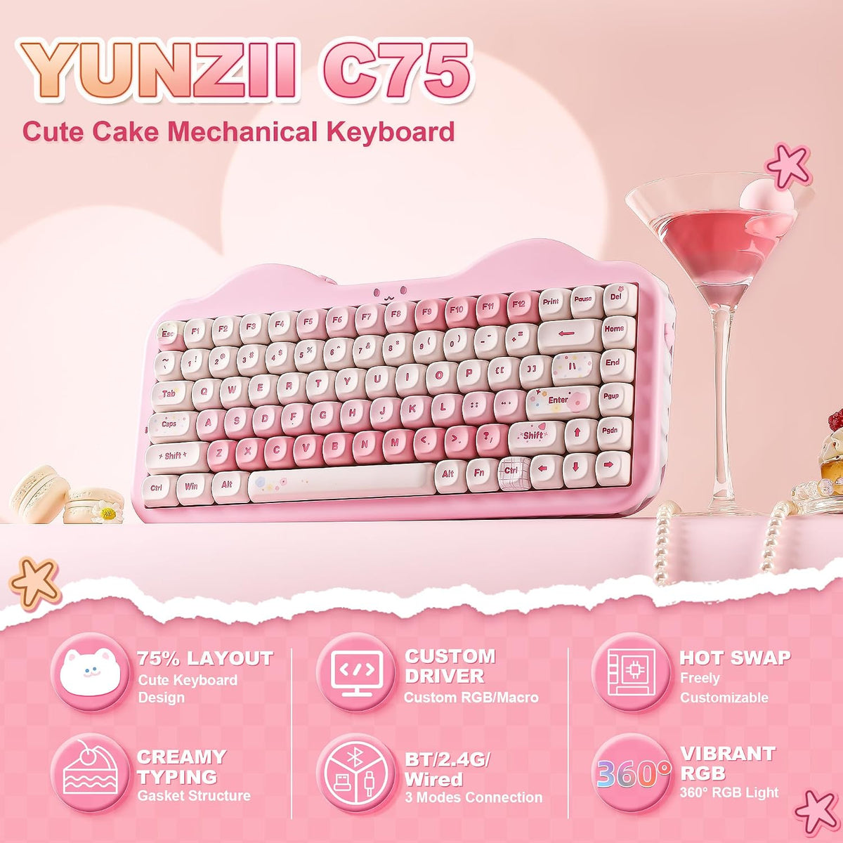 YUNZII Teclado Mecánico Inalámbrico C75, Diseño del 75%, NKRO Inter...
