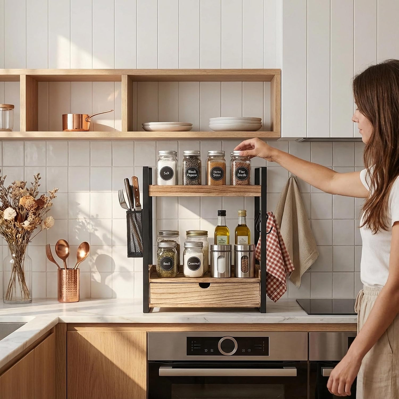 Organizador de encimera de baño de 2 niveles con cesta de cajón y g...
