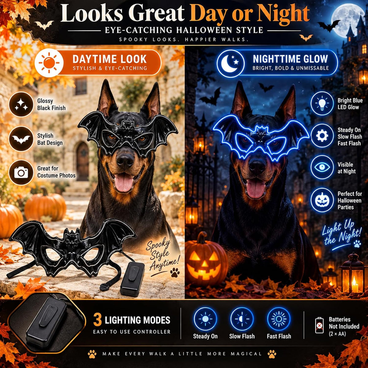 LIBRNTY Máscara de perro estilo murciélago,Máscara iluminada LED,Má...