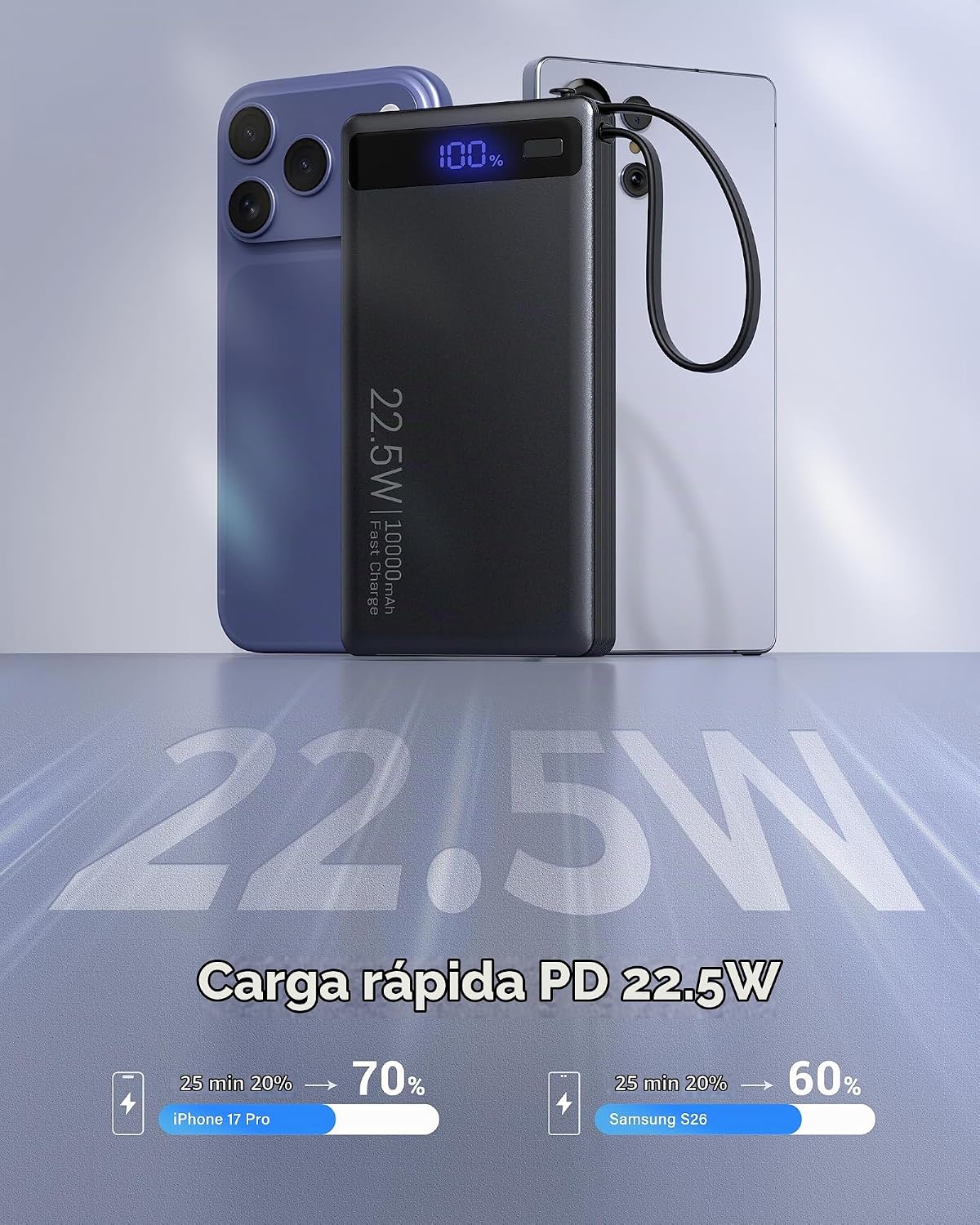 Banco de energía de 10000 mAh con 2 cables incorporados, cargador p...