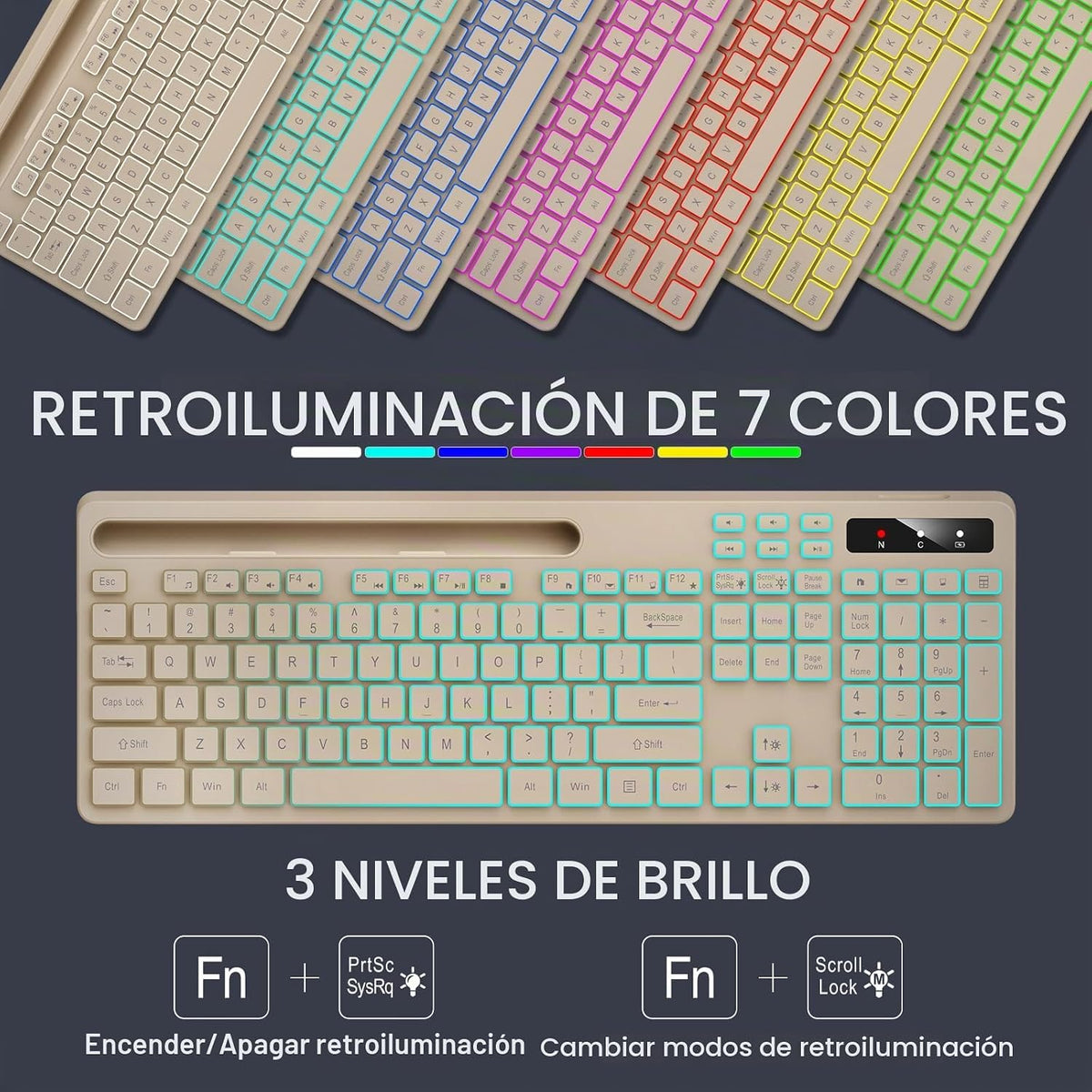 Soueto Teclado inalámbrico con retroiluminación RGB de 7 colores, t...