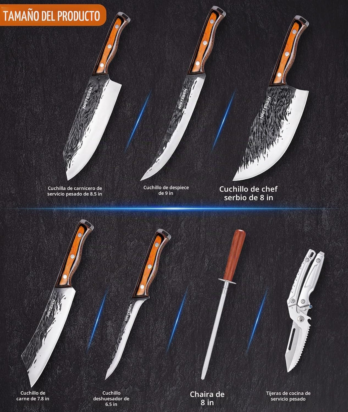 Naitesen 7 piezas de cuchillo de carnicero forjado a mano y cuchill...