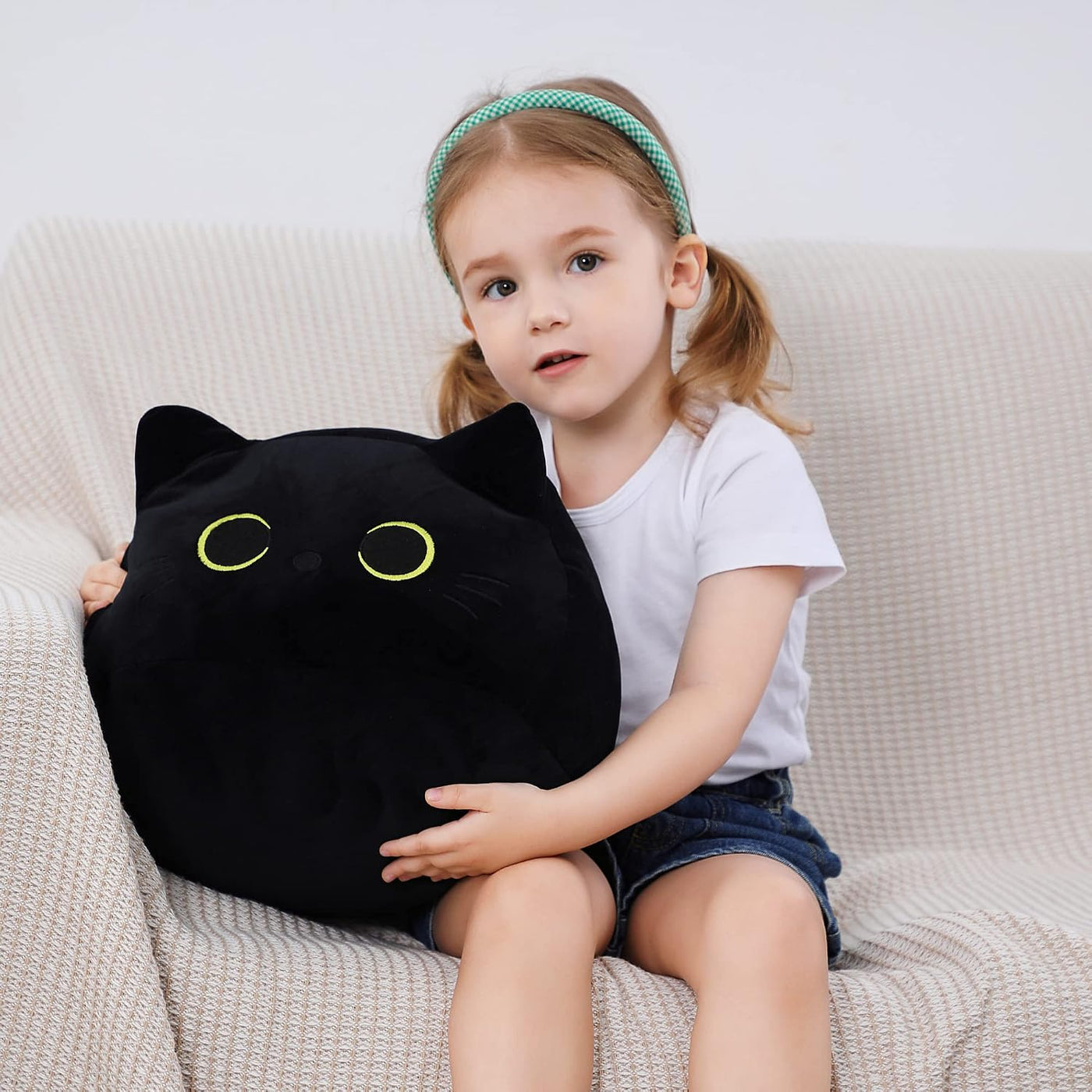 WeBingo Peluche de gato negro de 16 pulgadas, almohada de peluche d...
