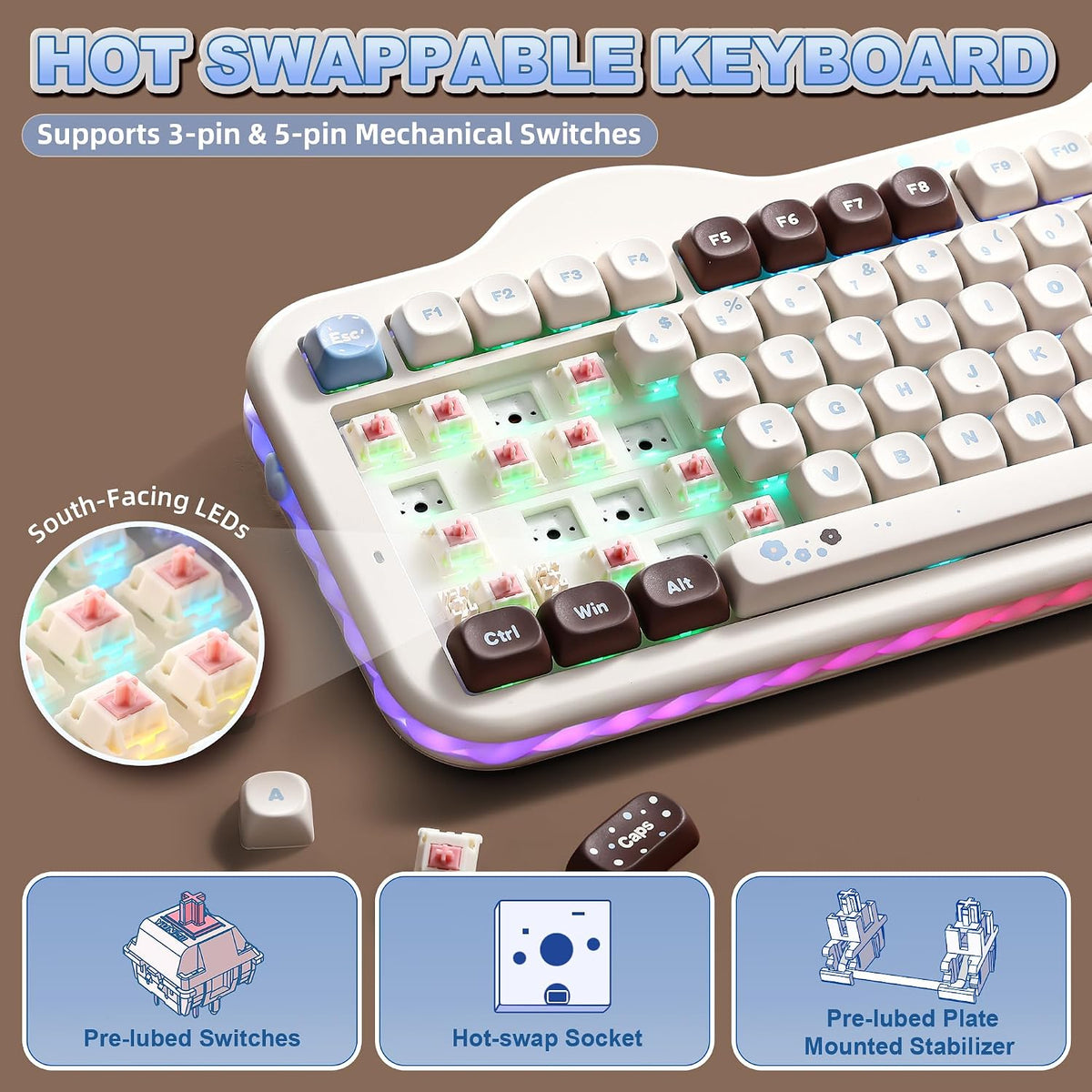YUNZII Teclado mecánico inalámbrico C98 Cute Cake (Choco, interrupt...