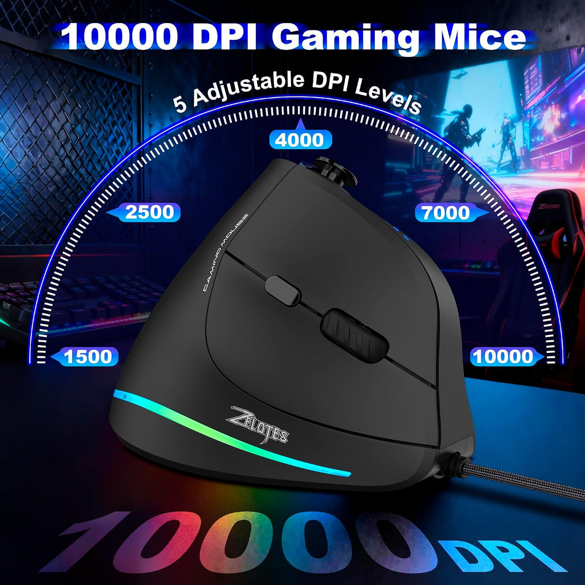Ratón de juegos TRELC con 5 D Rocker, ratón ergonómico con 10 000 D...