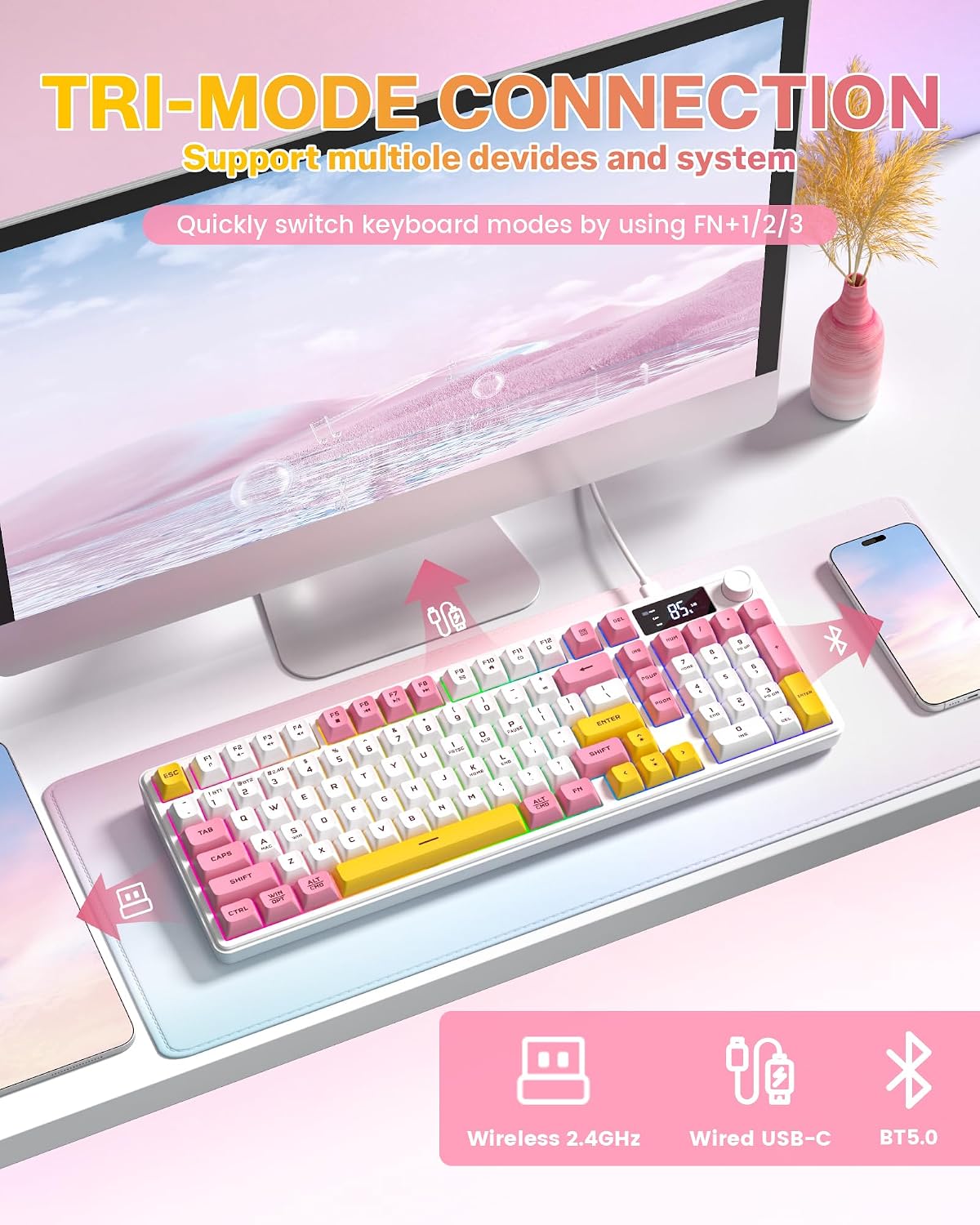 Keymatic Teclado para juegos Teclado cremoso inalámbrico con perill...