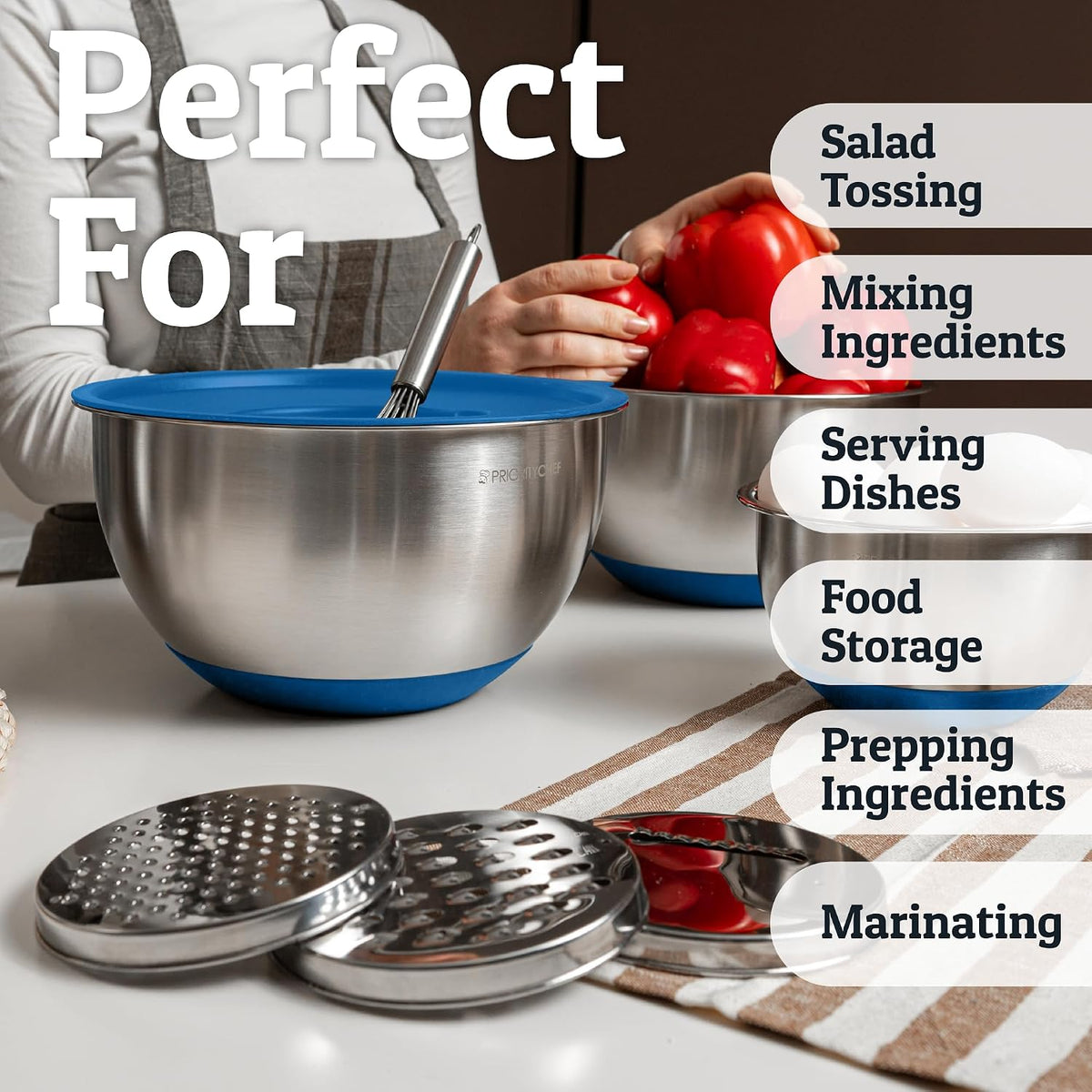 Priority Chef - Juego de cuencos de acero inoxidable con tapas, 3 a...
