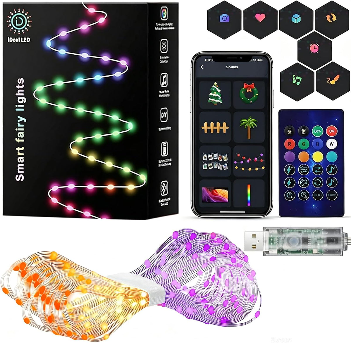 Super RGB Cadena de luces de hadas inteligente, 33 pies, carga USB,...