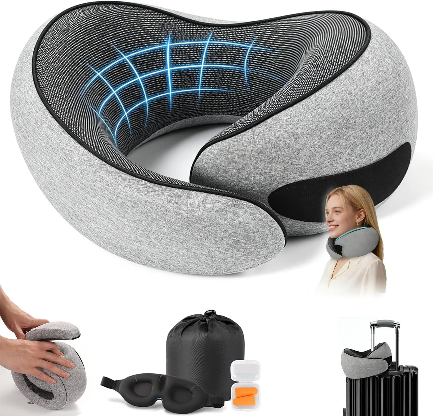 Sadaug Almohada de viaje de espuma viscoelástica en forma de G, alm...