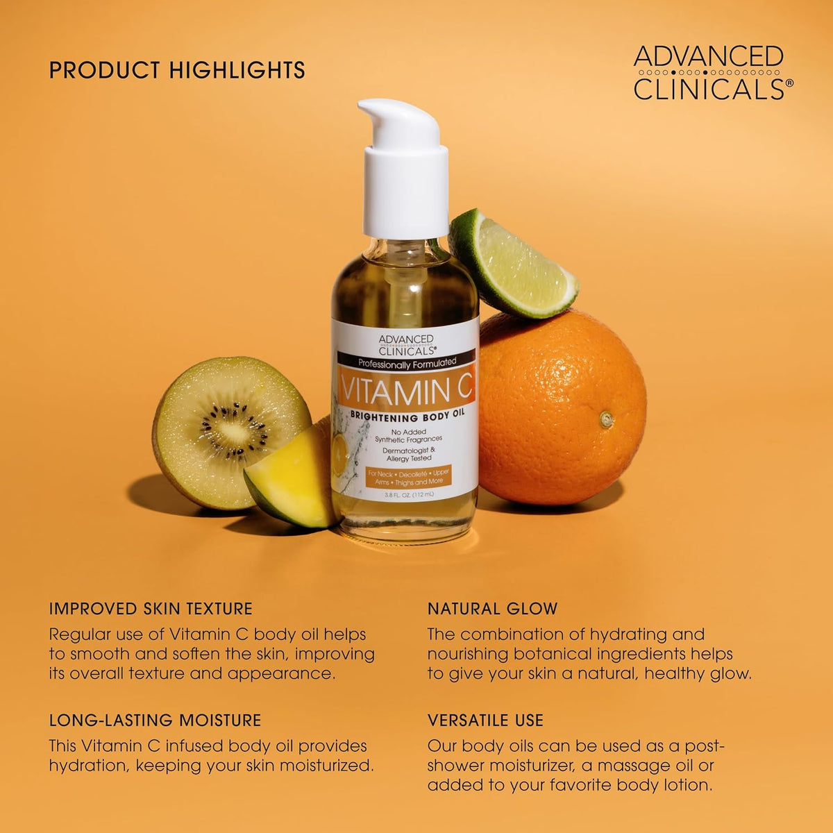 Advanced Clinicals Aceite corporal iluminador con vitamina C para m...