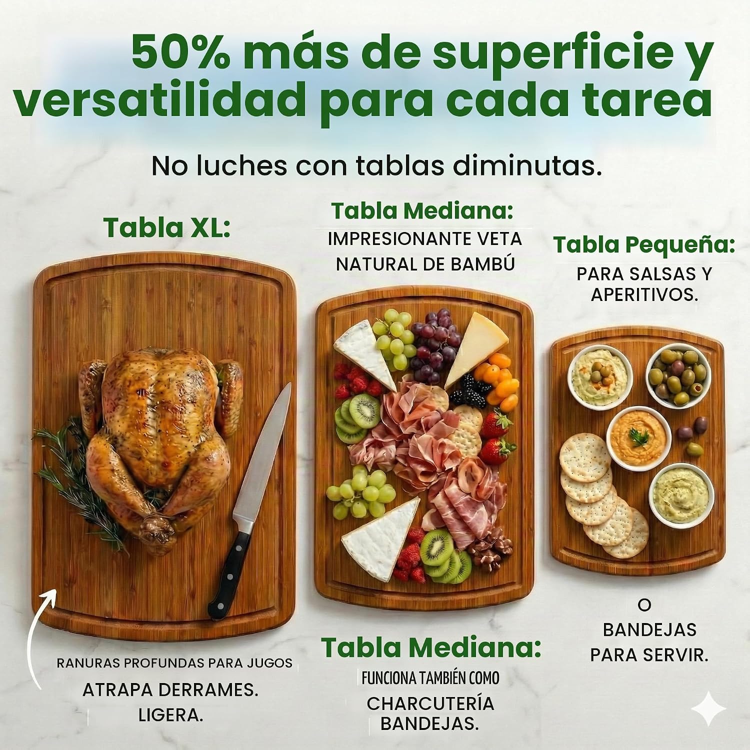 Juego de 3 tablas de cortar de bambú de lujo con tecnología de resi...
