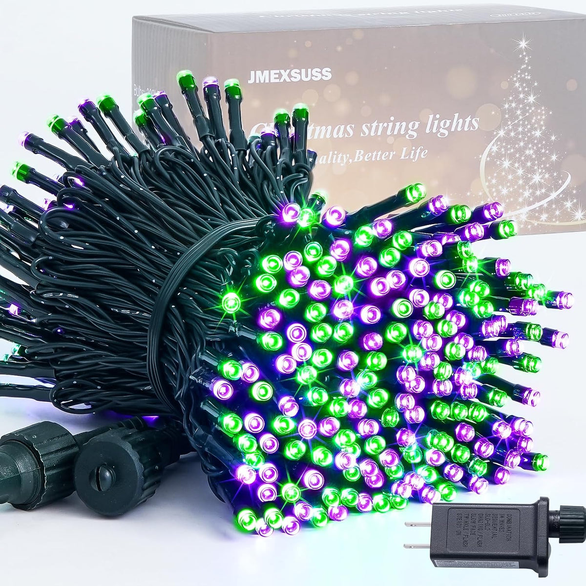 JMEXSUSS Guirnalda de 250 luces LED moradas y verdes para exteriore...
