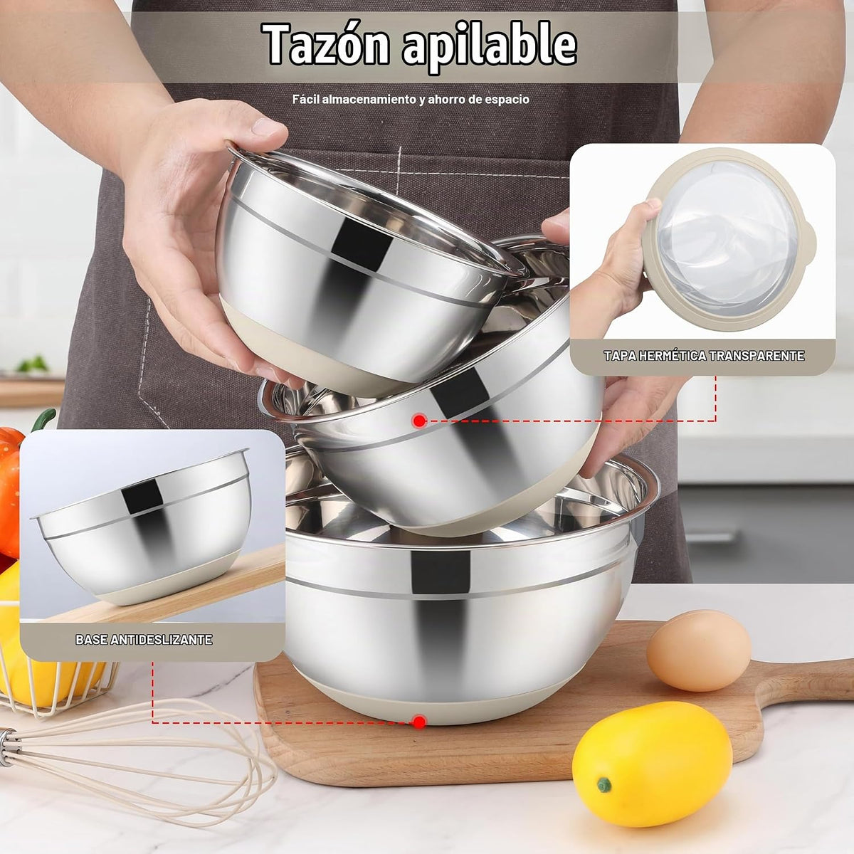 E-far - Juego de tazones para mezclar con tapas, 15 piezas de acero...