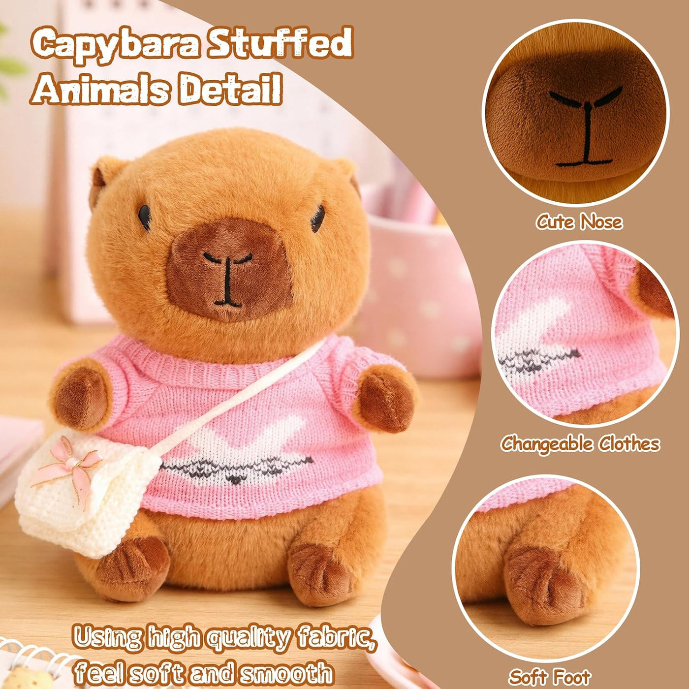 TITQWOP Juguete de peluche Capybara marrón de 10.2 pulgadas con 9 p...
