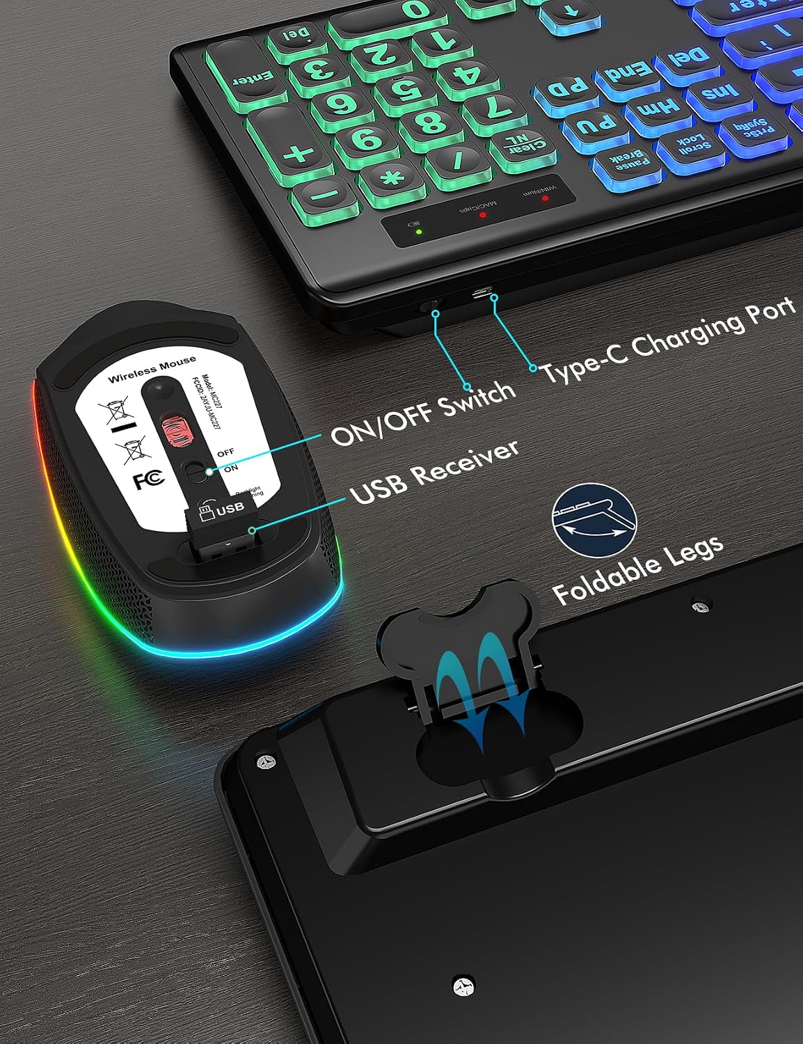 Combo de teclado y ratón inalámbricos, retroiluminación RGB, recarg...