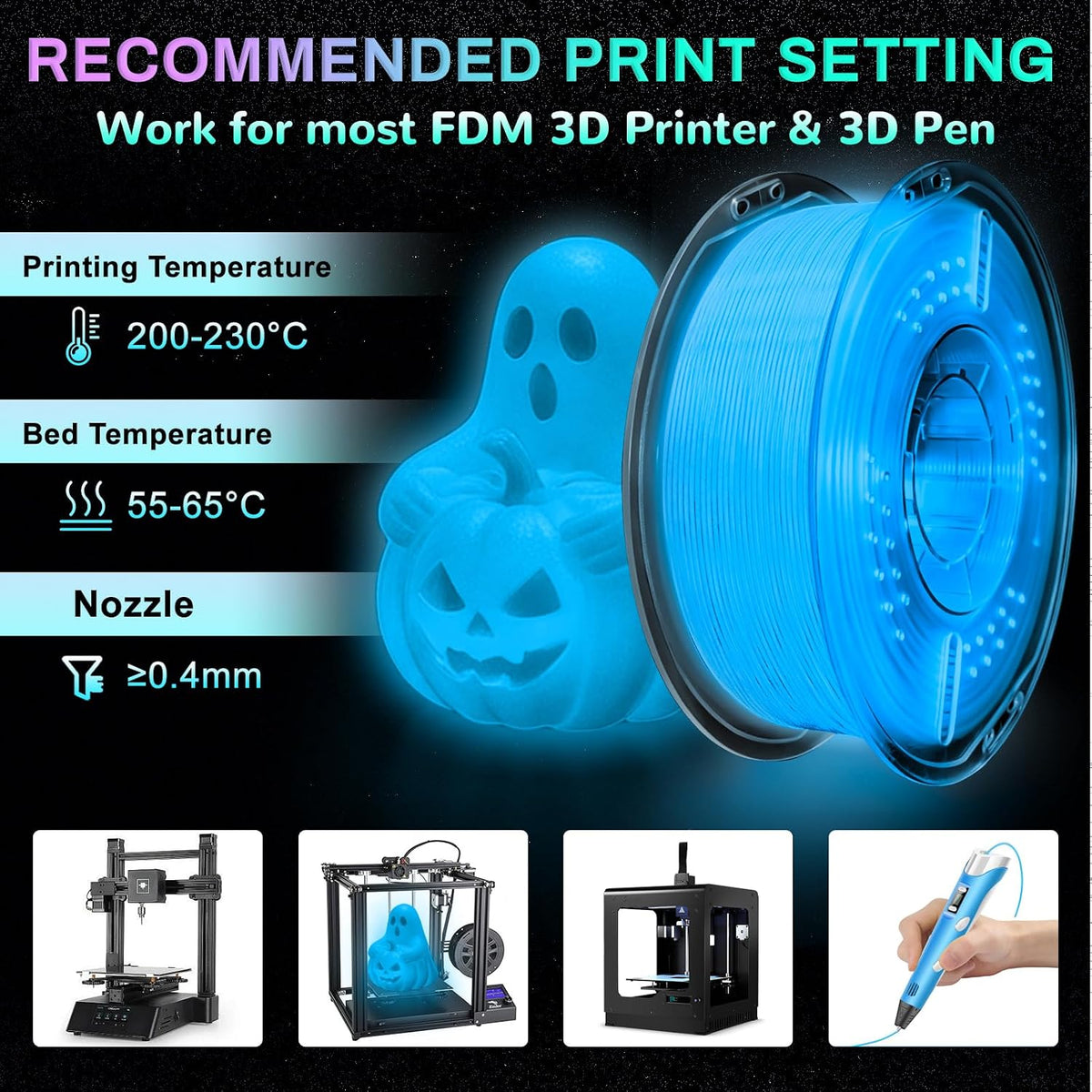 Frucindra Filamento de impresora 3D PLA+ que brilla en la oscuridad...