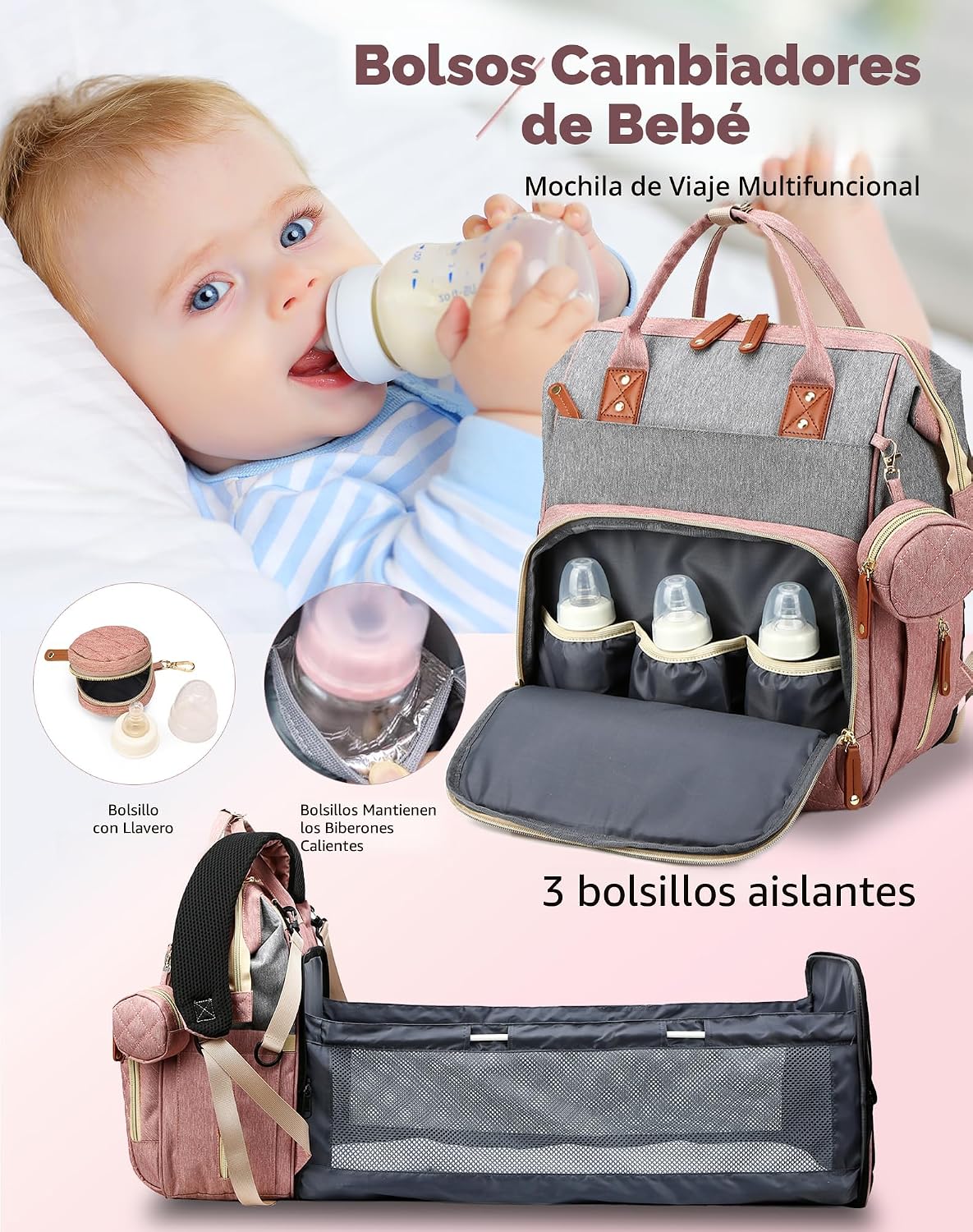 Lamroro Bolsa de pañales con cambiador, mochila impermeable 3 en 1...