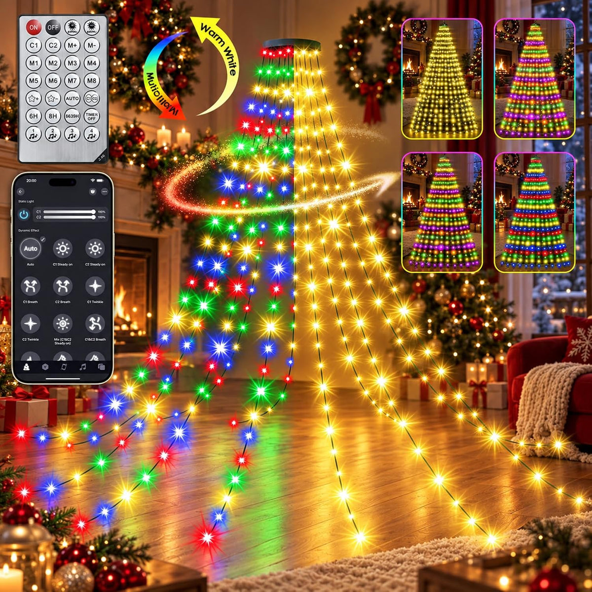 Anillo inteligente con 30 modos de luces para árbol de Navidad para...