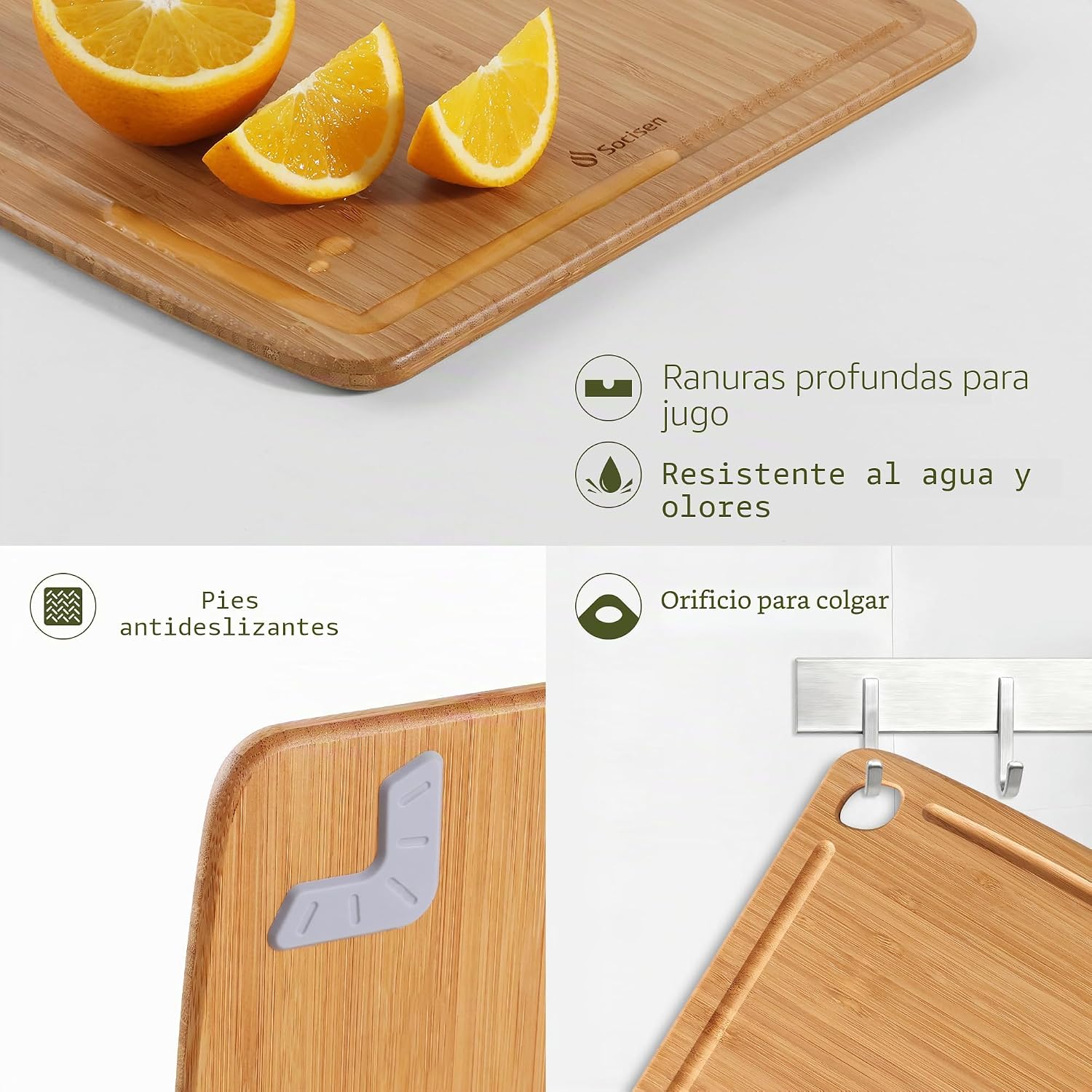 Tabla de cortar de bambú ligera y duradera con pies antideslizantes...