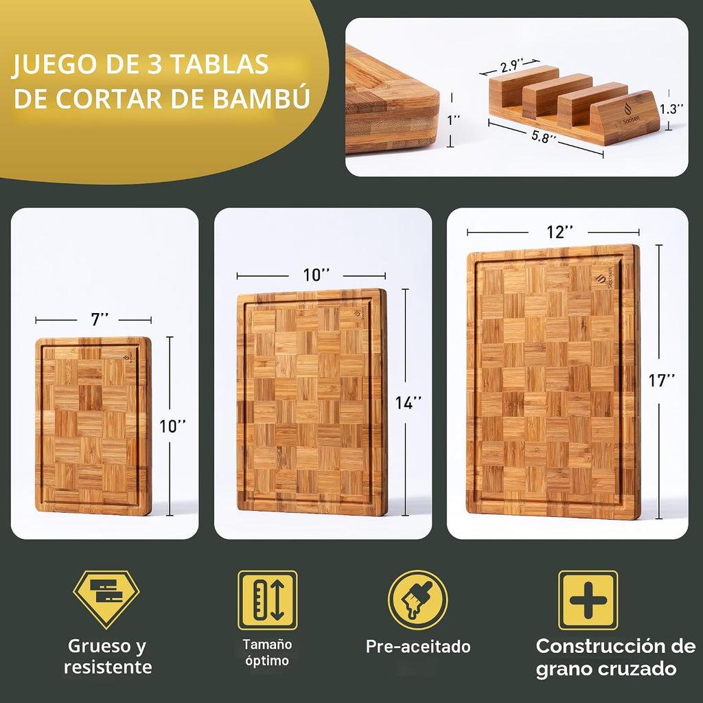 Juego de 3 Tablas de Cortar de Bambú Resistentes No Tóxicas, Tabla...