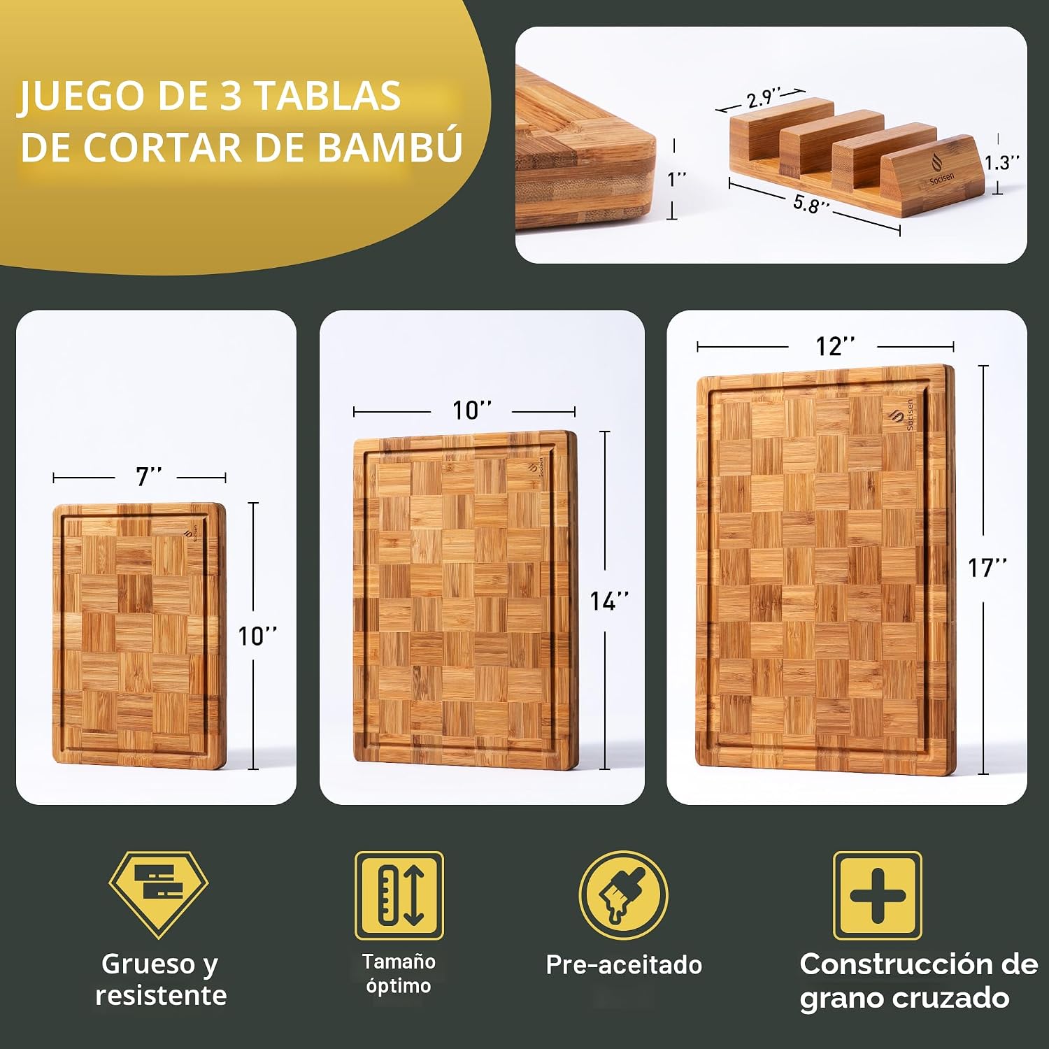 Juego de 3 Tablas de Cortar de Bambú Resistentes No Tóxicas, Tabla...