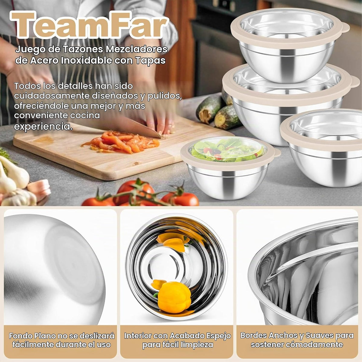 TeamFar - Juego de 5 tazones para mezclar con tapas, de acero inoxi...