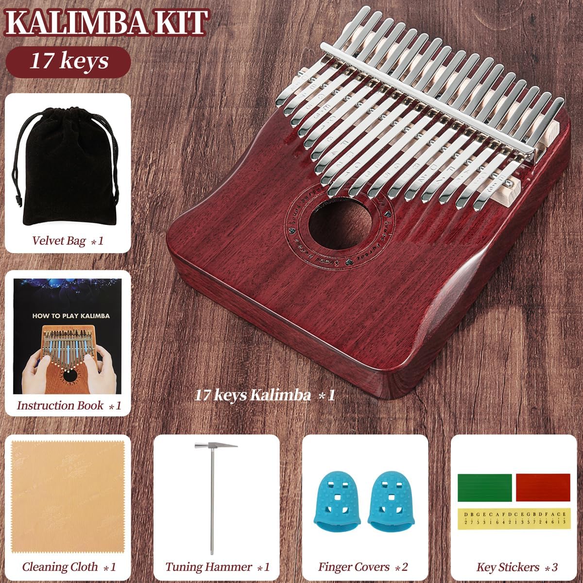 Kalimba - Piano de pulgar de 17 teclas (rojo vino)