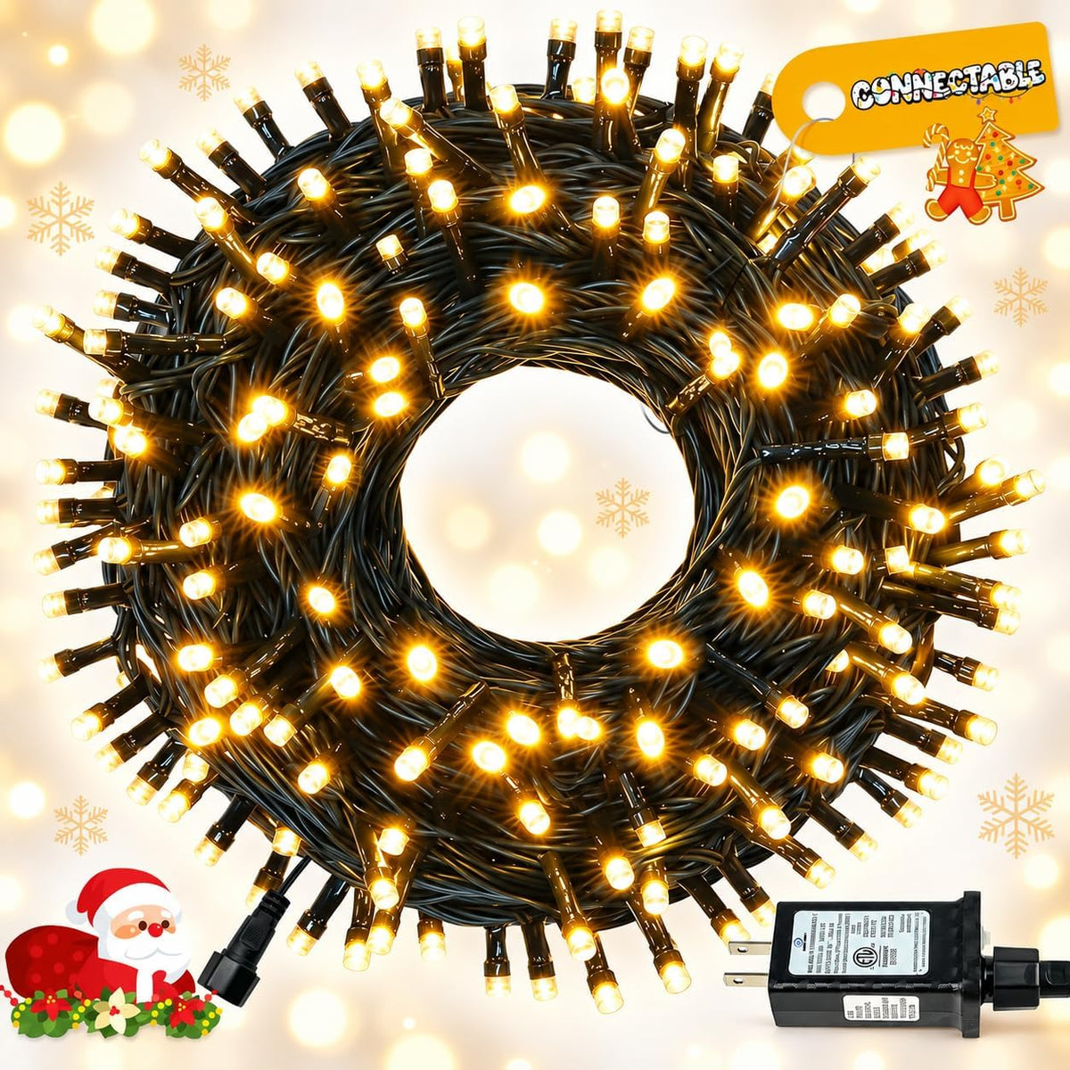 Cadena de luces de Navidad conectables de 42 pies con 100 luces LED...
