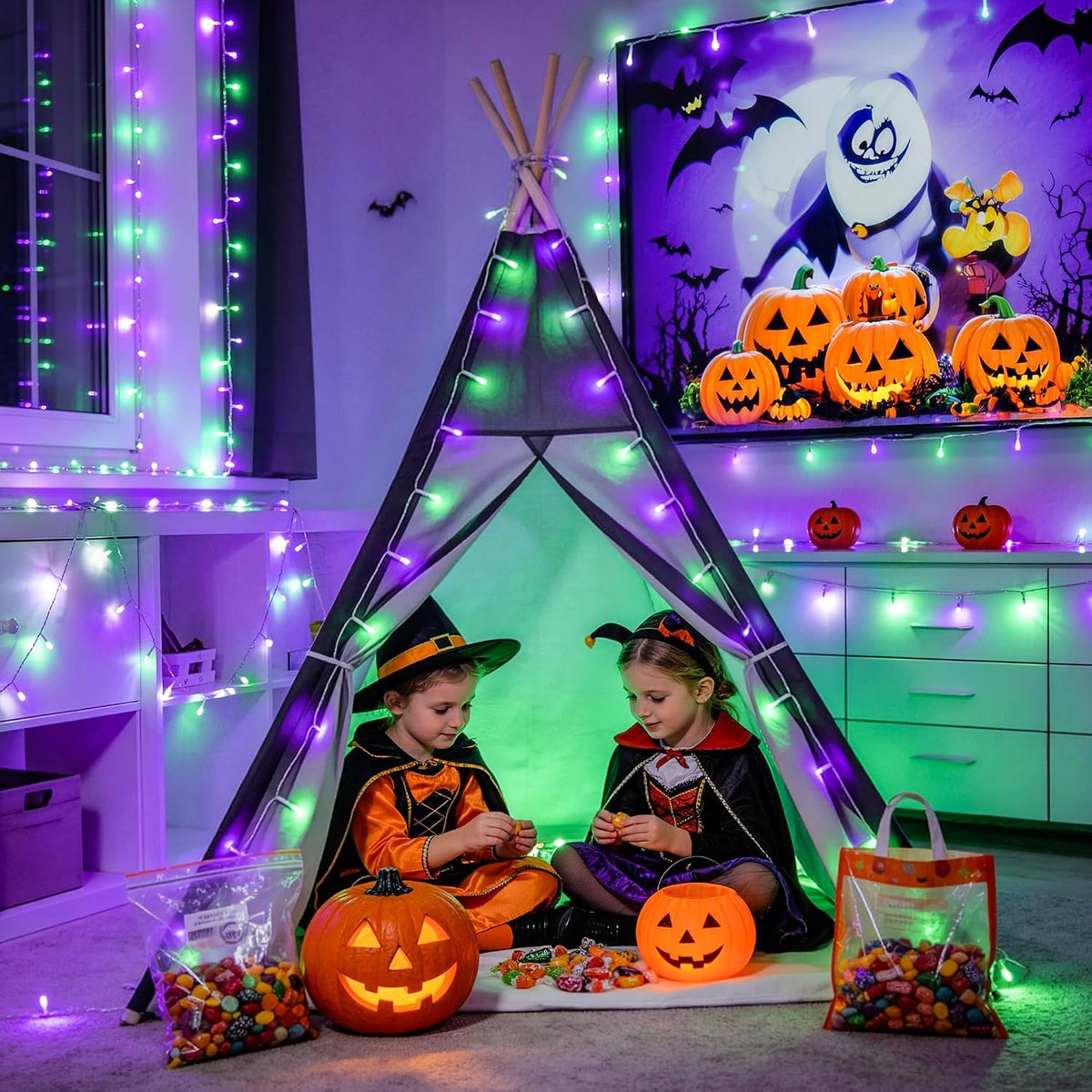 JMEXSUSS 200 luces LED moradas y verdes de Halloween para interiore...