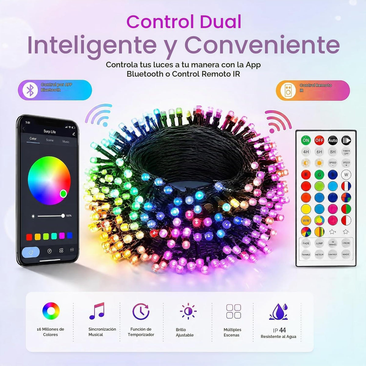 Dazzle Bright 33FT 100 luces LED que cambian de color para Navidad...