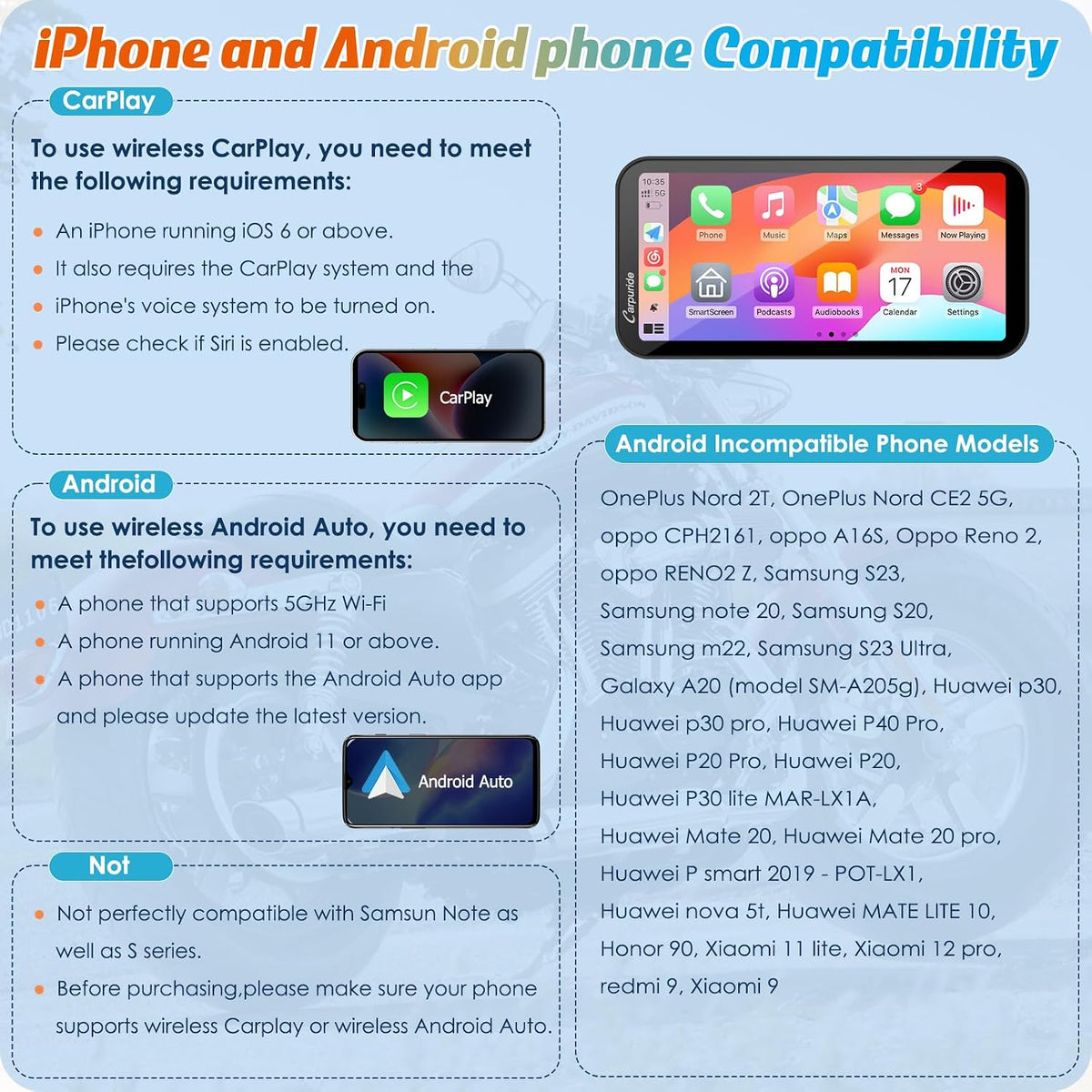 Carpuride W603 6.3" motocicleta inalámbrica CarPlay y Android A...