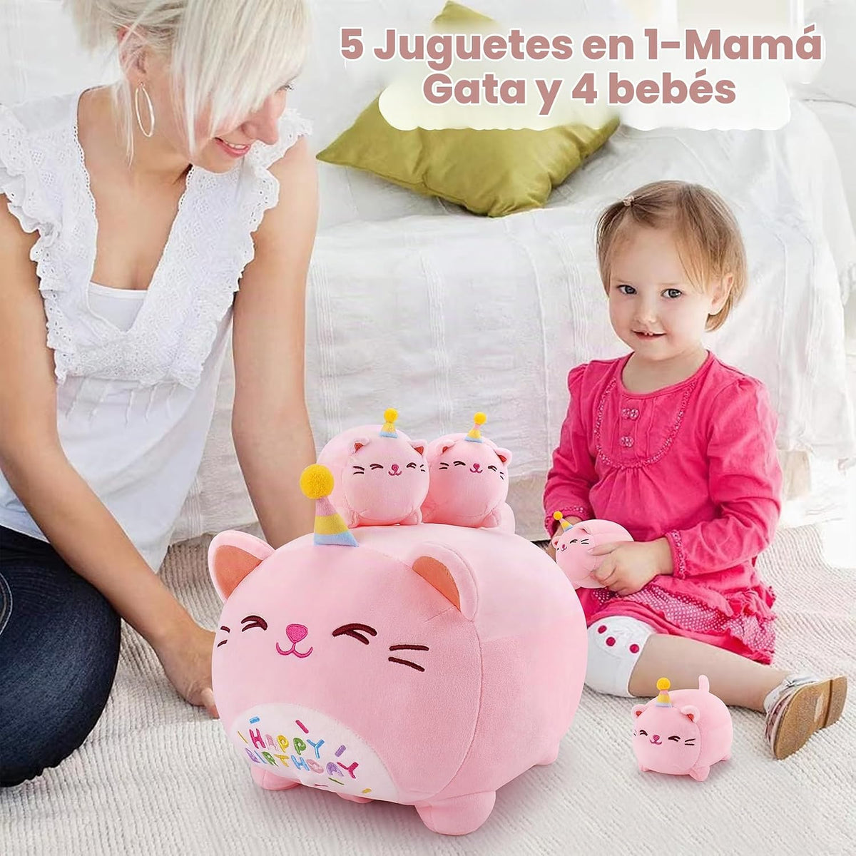 Peluche de Gato Rosa de Cumpleaños, 5 Piezas Familia de Animales de...