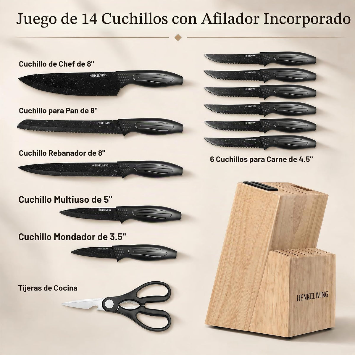 Juego de cuchillos con bloque afilador integrado, apto para lavavaj...