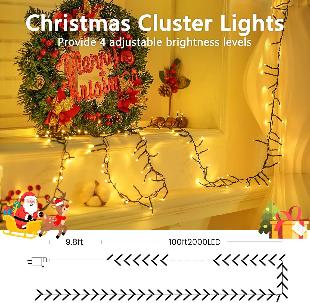 BHCLIGHT Luces navideñas en racimo de 2000 LED de 100 pies con cont...
