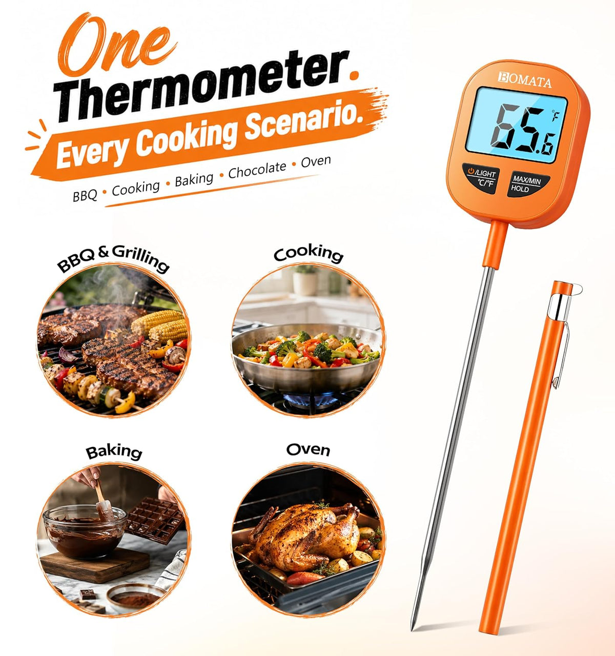 BOMATA Termómetro digital para carne, sonda de 5", IPX6 resistente...