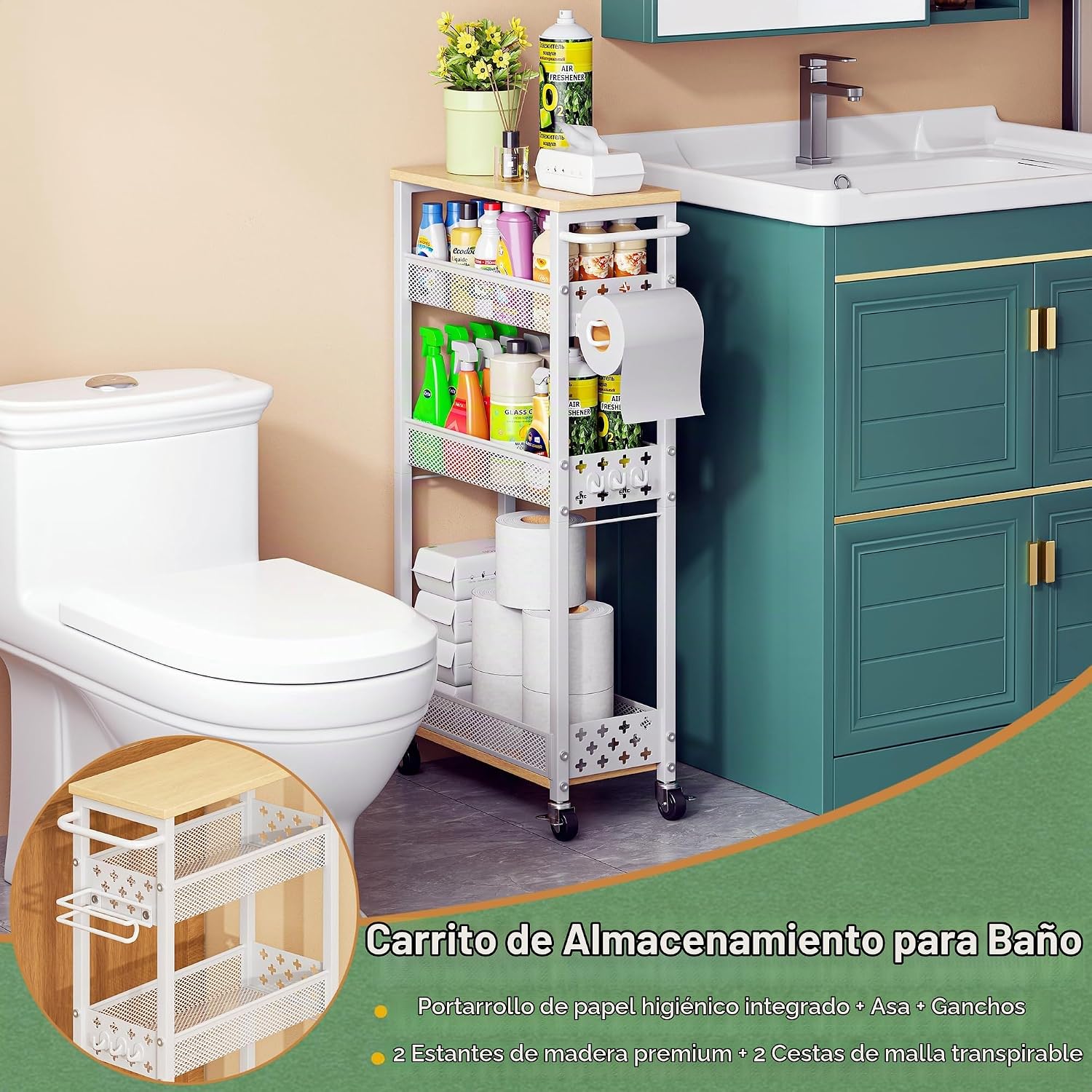 OKZEST Organizadores de baño delgados y carrito de almacenamiento c...
