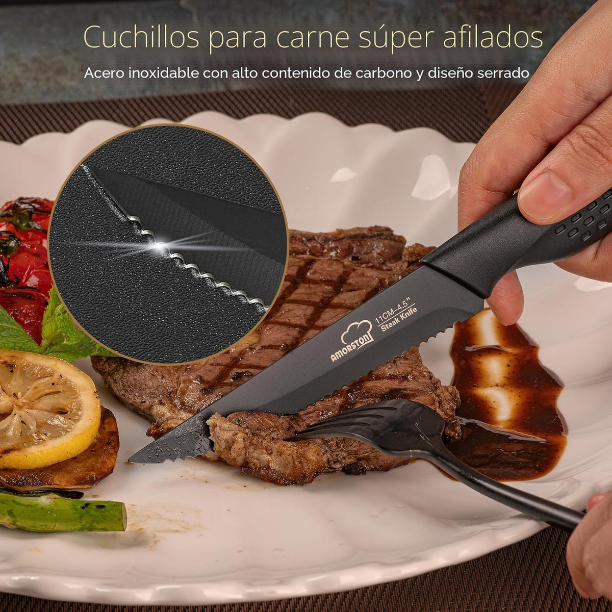 Amorston Cuchillos para carne, juego de 8 cuchillos de carne de ace...