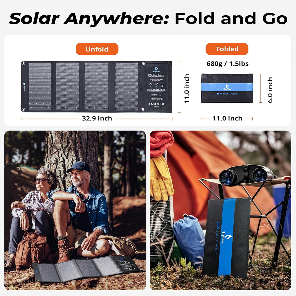 BigBlue Cargador de panel solar de alta eficiencia de 28 W con USB-...