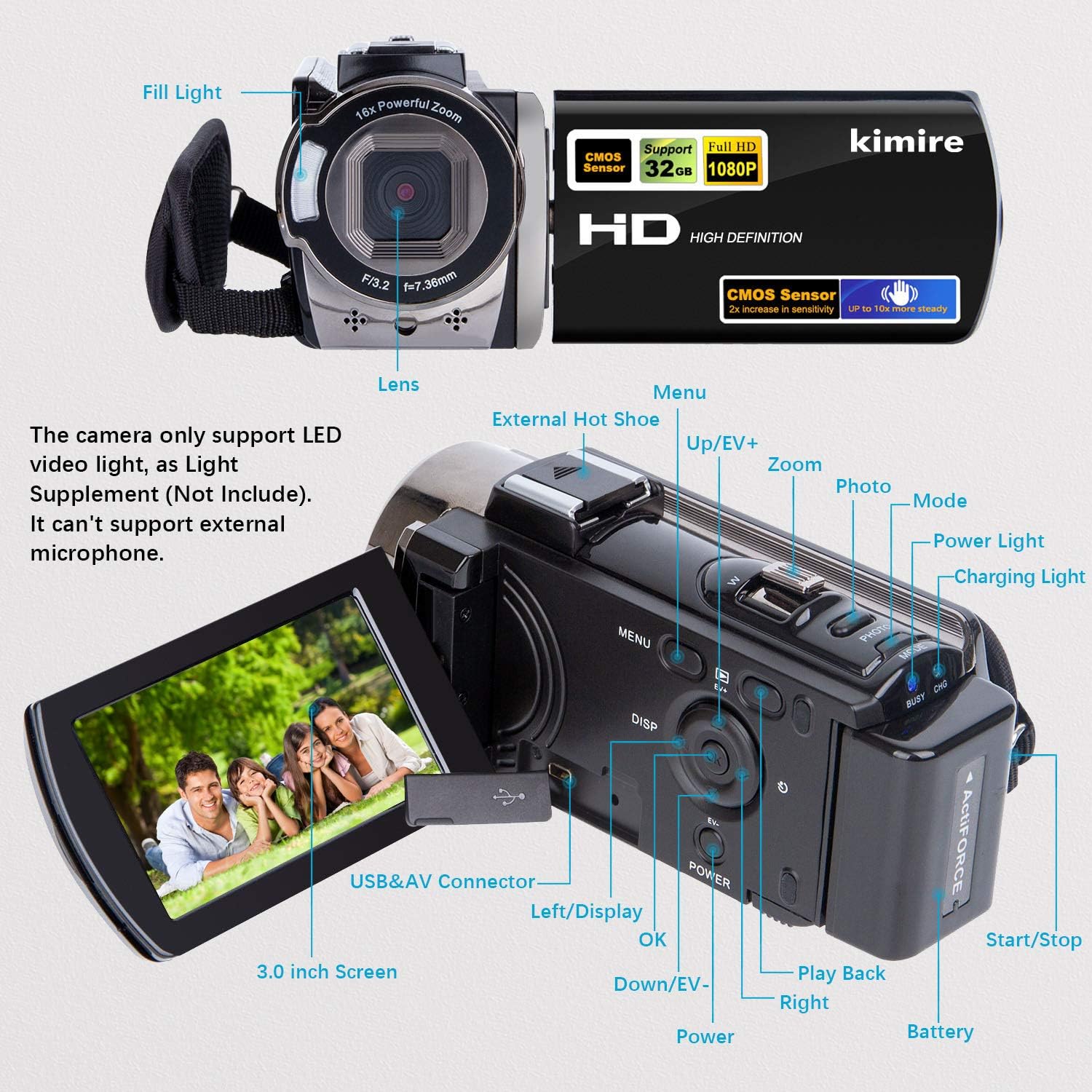 Kimire Videocámara Videocámara Digital Grabadora Full HD 1080P 15FP...