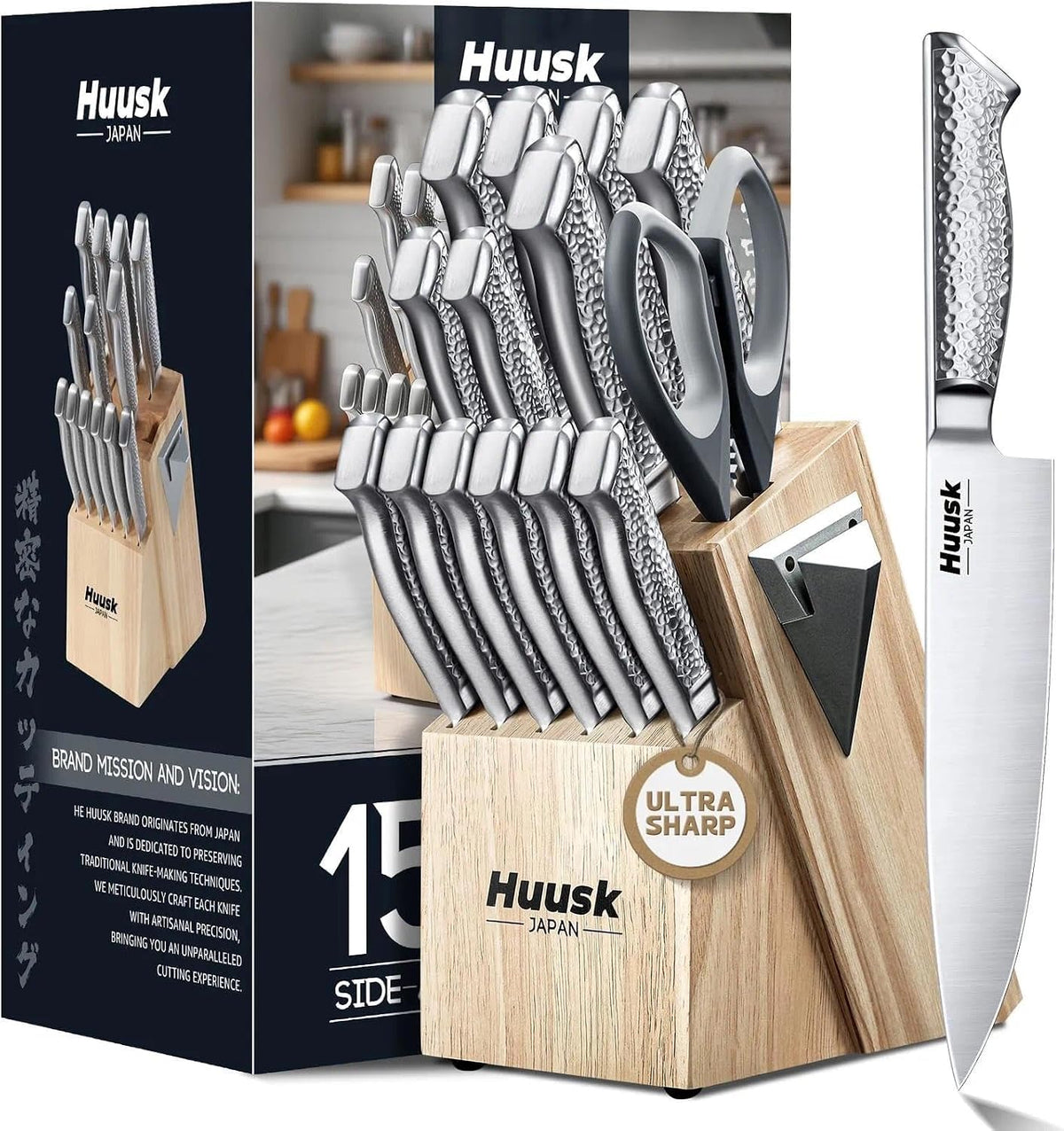 Huusk - Juego de cuchillos de cocina con bloque y afilador integrad...