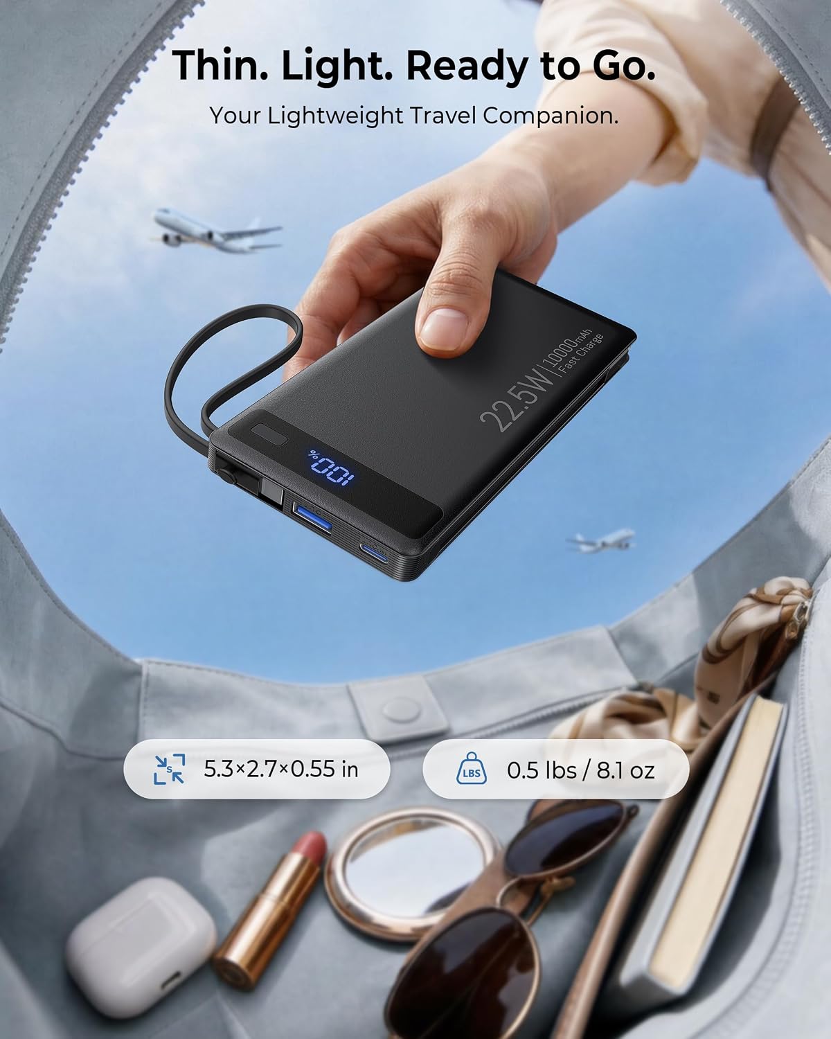 Cargador portátil 10000mAh incorporado 2 cables, 22.5W PD 40% más d...