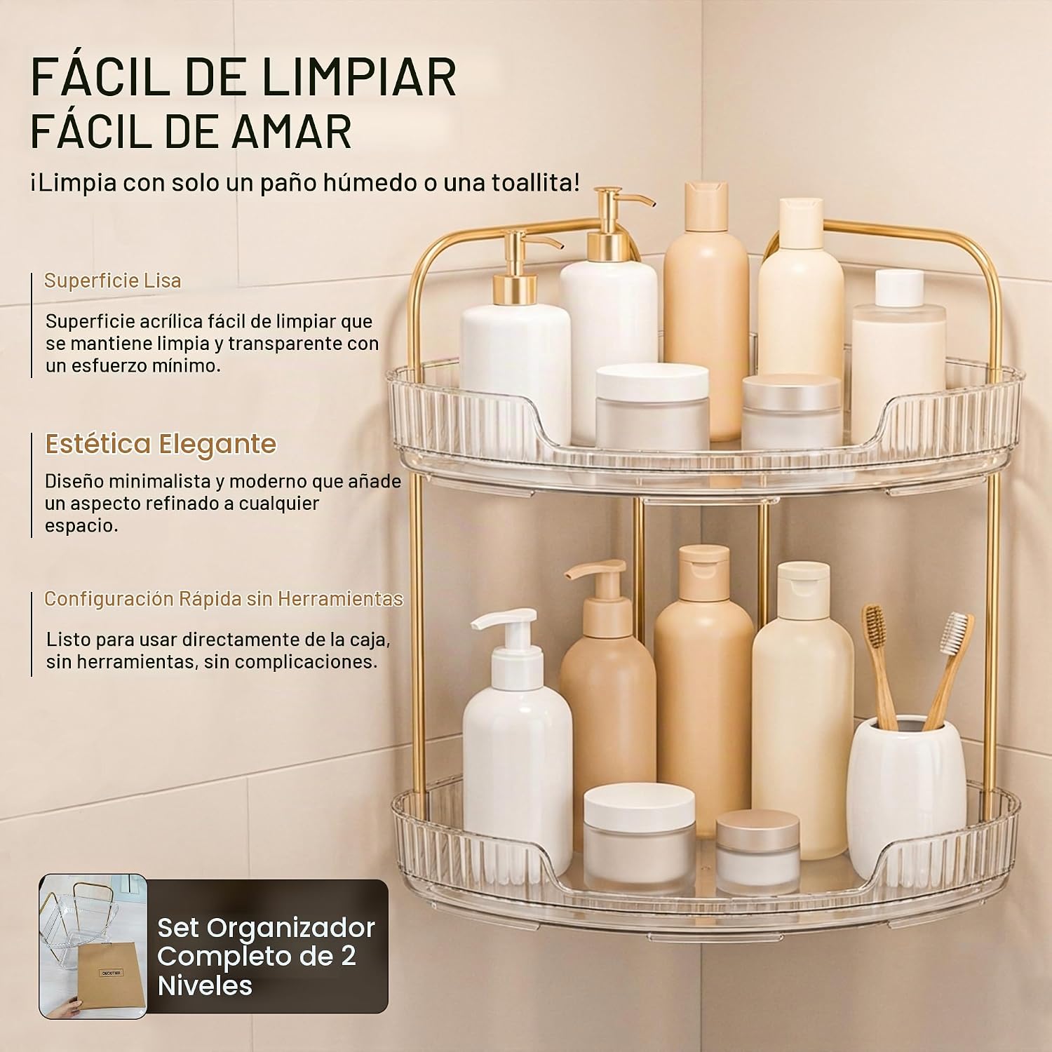Organizador de baño esquinero de acrílico de 2 niveles, estante red...