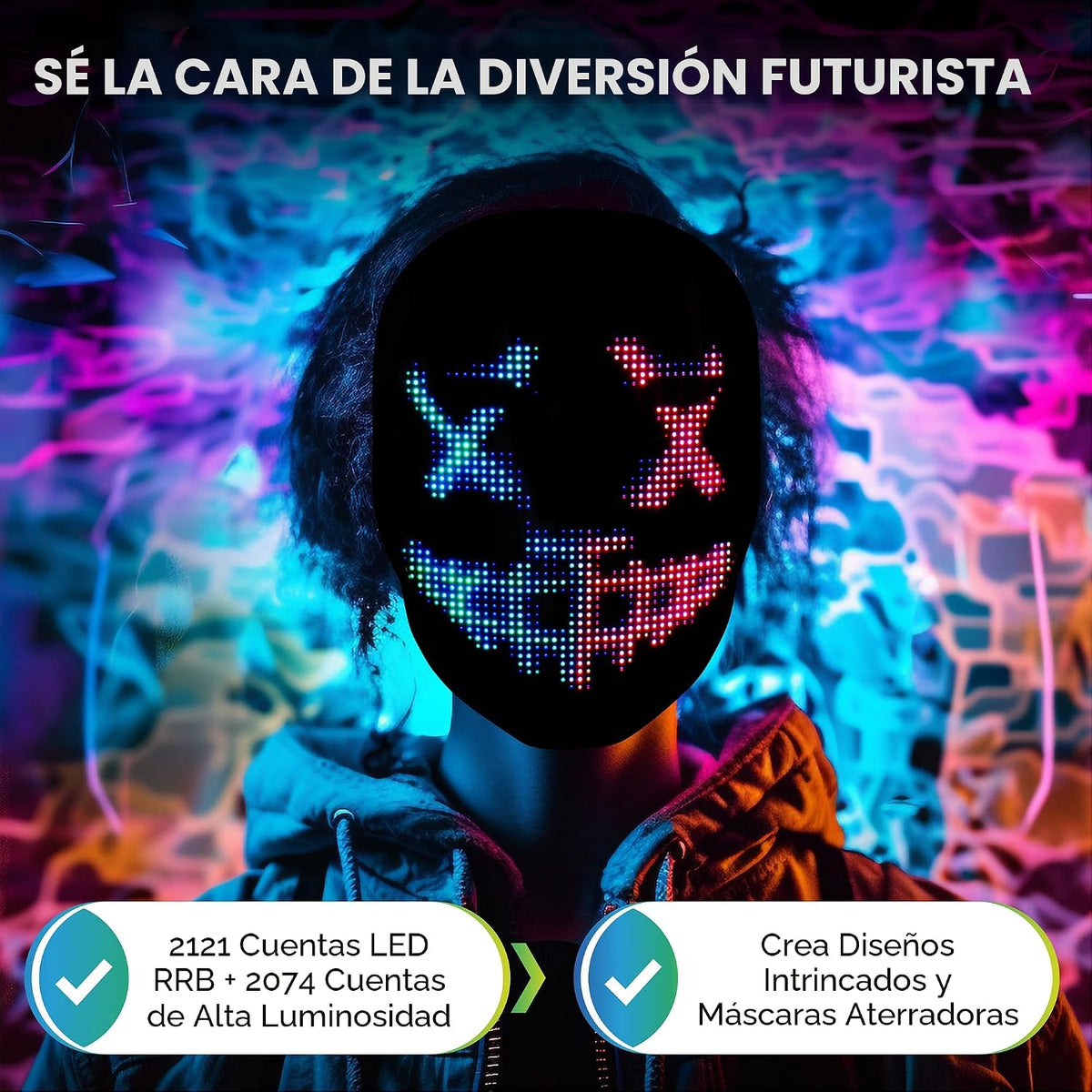 Máscara LED con luz facial, recargable, Digital, disfraz de Hallowe...