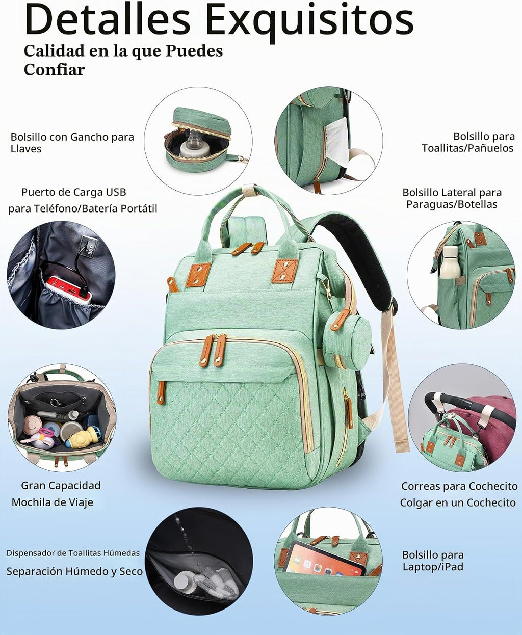 Bolsa de pañales con cambiador, mochila para bebé con cambiador ple...