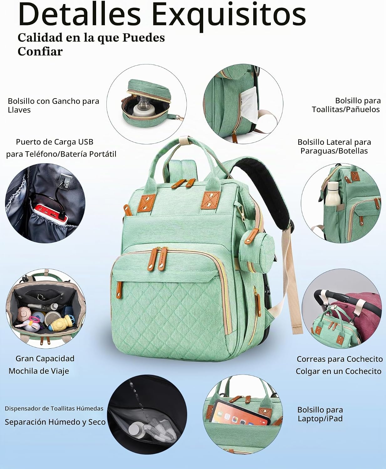Bolsa de pañales con cambiador, mochila para bebé con cambiador ple...
