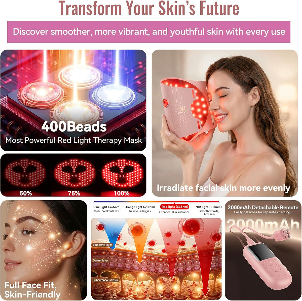 WAYCOM Máscara de terapia de luz roja para la cara: 850nm NIR LED |...