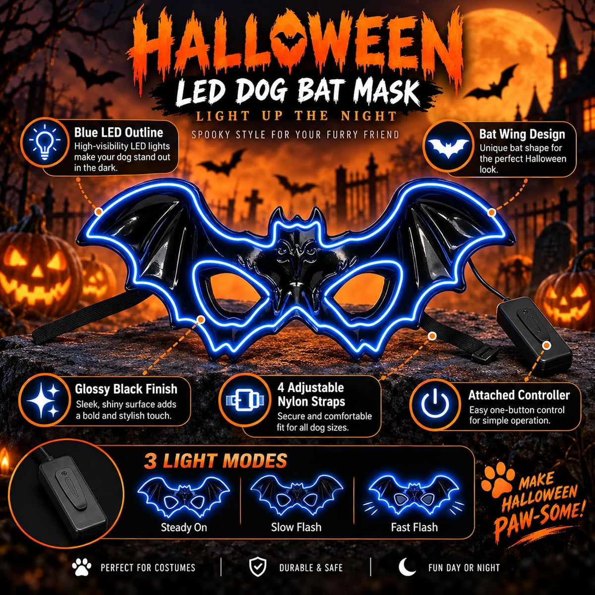 LIBRNTY Máscara de perro estilo murciélago,Máscara iluminada LED,Má...
