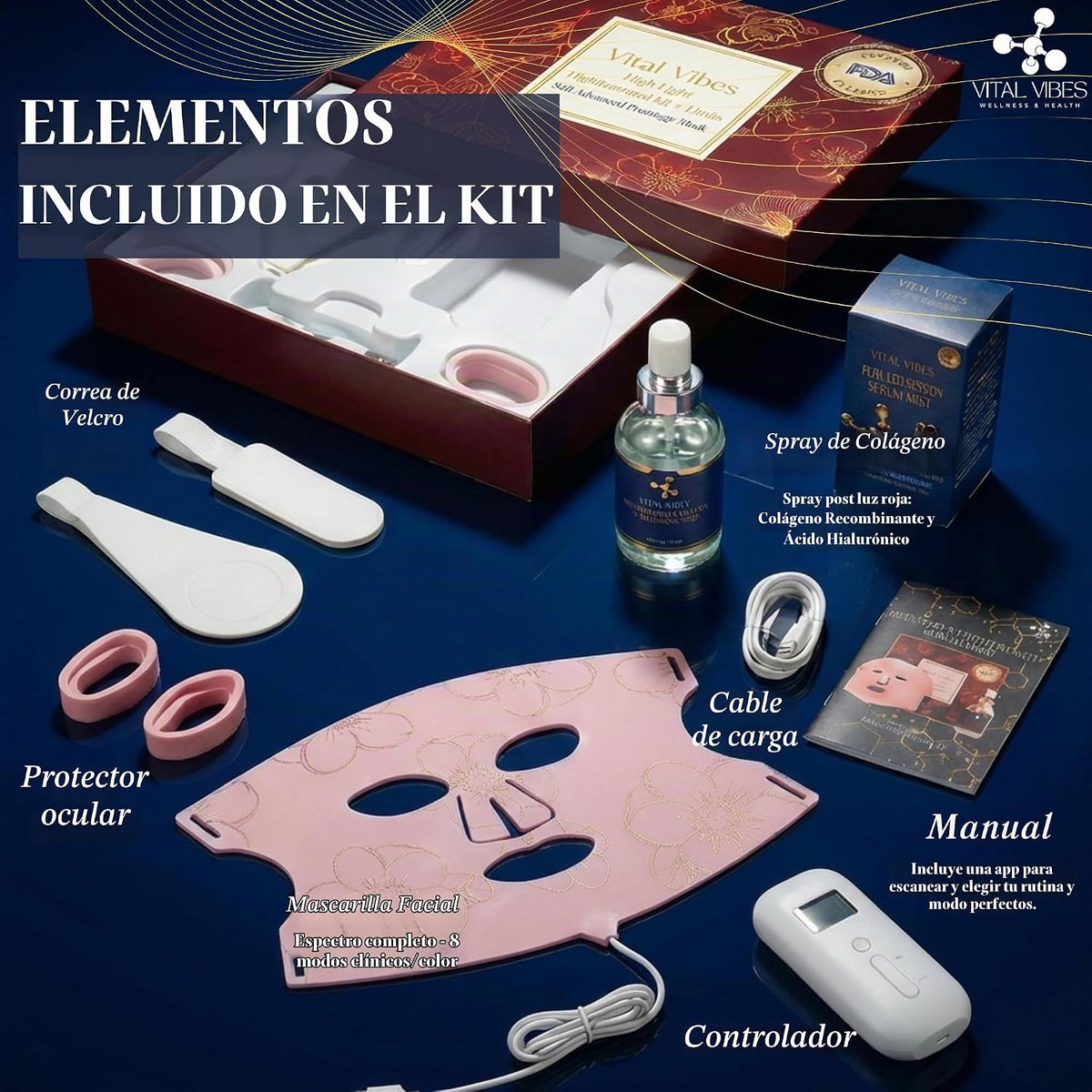 Vital Vibes Máscara facial LED para terapia de luz roja aprobada po...
